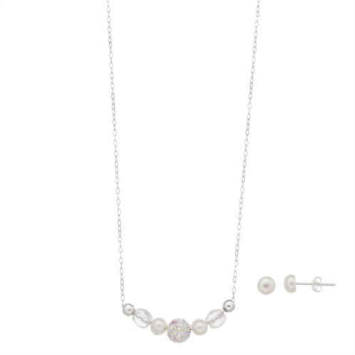 Aleure Precioso Sterling Silver Cultured Freshwater Pearl & Crystal Necklace & Stud Earring Set