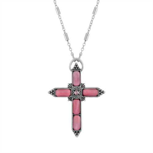 1928 Silver Tone Pink Moonstone Cross Necklace