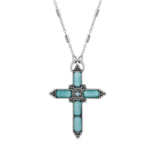 1928 Silver Tone Aqua Moonstone Cross Necklace