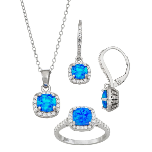 Unbranded Sterling Silver Lab-Created Blue Opal & Lab-Created White Sapphire Pendant, Ring & Earring Set