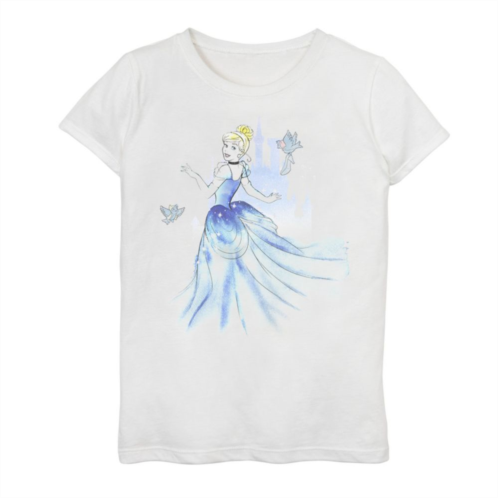 Disneys Cinderella Girls 7-16 Birds & Castle Watercolor Art Graphic Tee