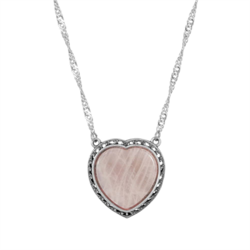 1928 Silver Tone Stone Heart Pendant Necklace