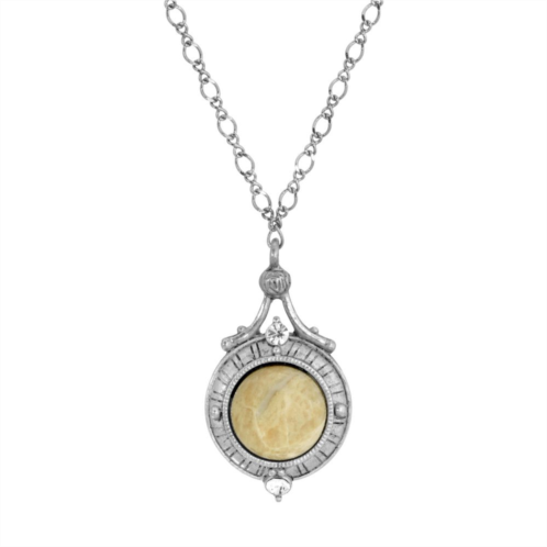 1928 Silver Tone Riverstone Round Stone Pendant Necklace