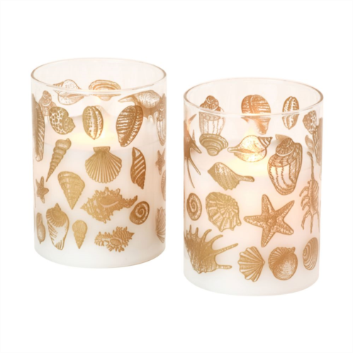 LumaBase Seashells Battery Operated Wax Candles in Glass Holders with Moving Flame 2-piece Set