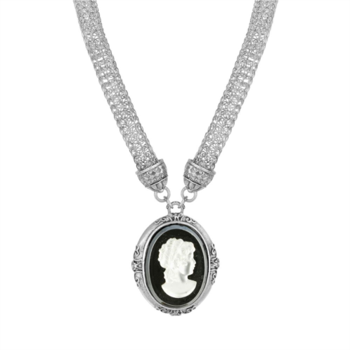 1928 Siver Tone Oval Cameo Pendant Necklace with Mesh Chain