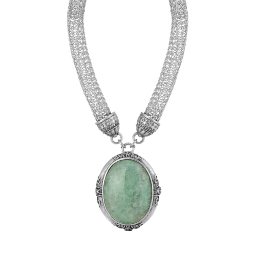 1928 Siver Tone Oval Green Pendant Necklace with Mesh Chain