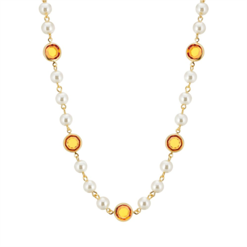 1928 Gold Tone Simulated Pearl & Crystal Strandage Necklace
