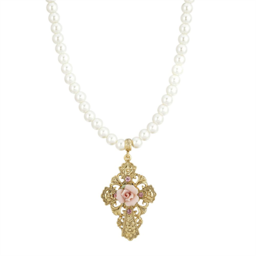 1928 Gold Tone Simulated Pearl & Pink Porcelain Rose Cross Pendant Necklace