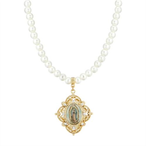 1928 Gold Tone Simulated Pearl Mary Decal Pendant Necklace