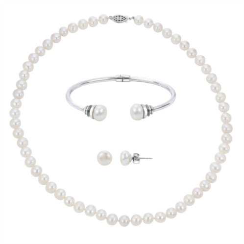 PearLustre by Imperial Sterling Silver Freshwater Cultured Pearl Necklace Bracelet & Stud Earring Set