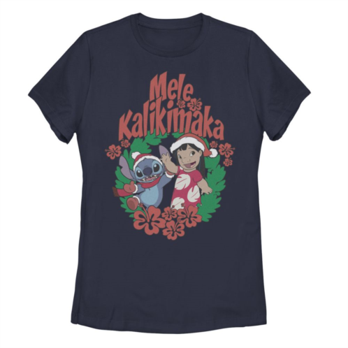 Licensed Character Juniors Disney Lilo & Stitch Christmas Mele Kalikimaka Wreath Graphic Tee