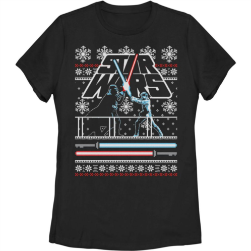Juniors Star Wars Luke Vader Face Off Ugly Christmas Sweater Graphic Tee