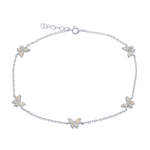 Unbranded Sterling Silver & Lab-Created Opal Butterfly Pendants Anklet