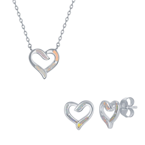 Unbranded Sterling Silver Lab-Created Opal Open Heart Pendant Necklace & Earrings Set