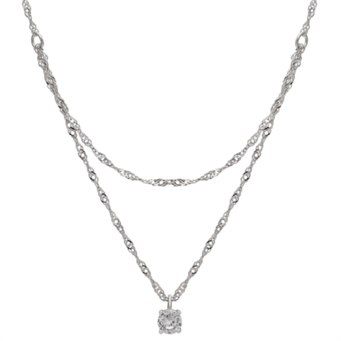 PRIMROSE Sterling Silver Singapore Double Chain & Round Cubic Zirconia Pendant Necklace