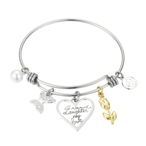 Love This Life Two Tone Stainless Steel Granddaughter My Love Crystal Butterfly & Flower Bangle Bracelet