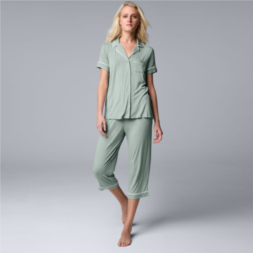 Womens Simply Vera Vera Wang Basic Luxury Notch Collar Pajama Shirt & Pajama Capris Set