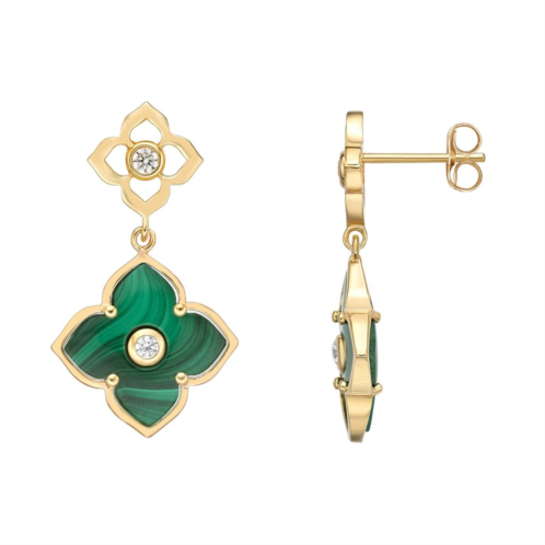 Gemminded Gold Over Sterling Silver Malachite & Cubic Zirconia Flower Drop Earrings
