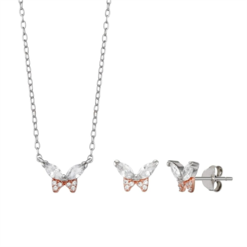 PRIMROSE Sterling Silver Cubic Zirconia Butterfly Stud Earrings & Pendant Necklace Set