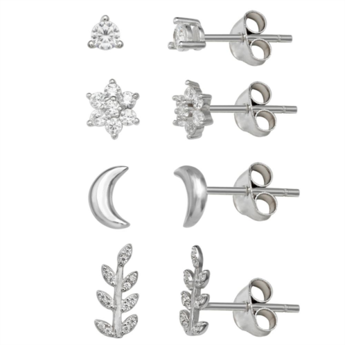PRIMROSE Sterling Silver Cubic Zirconia Round, Leaf, Moon & Flower Stud Earrings Set