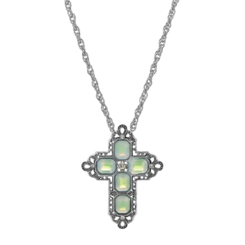 1928 Silver Tone Rectangle Simulated Crystal Cross Chain Necklace