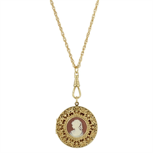 1928 Carnelian Cameo Round Filigree Locket Necklace