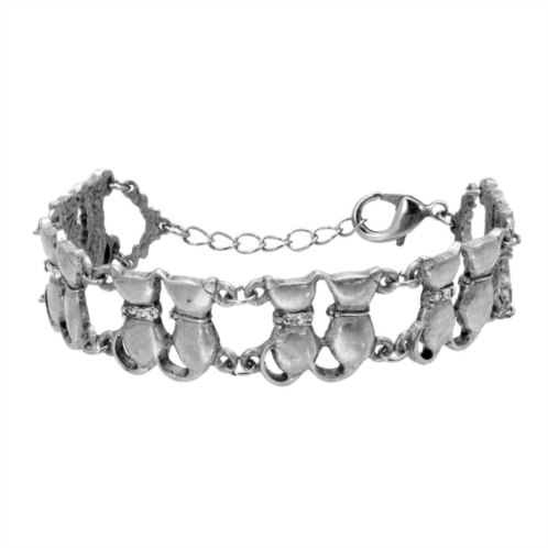 1928 Silver Tone Cat Chain Bracelet with Simulated Crystal Accents