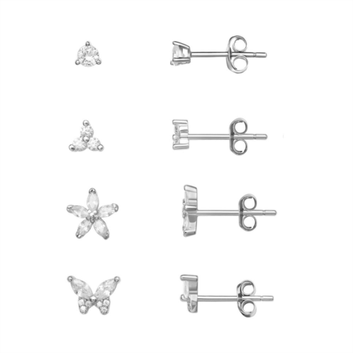 PRIMROSE Sterling Silver Round, Triple Round, Flower & Butterfly Stud Earring Set