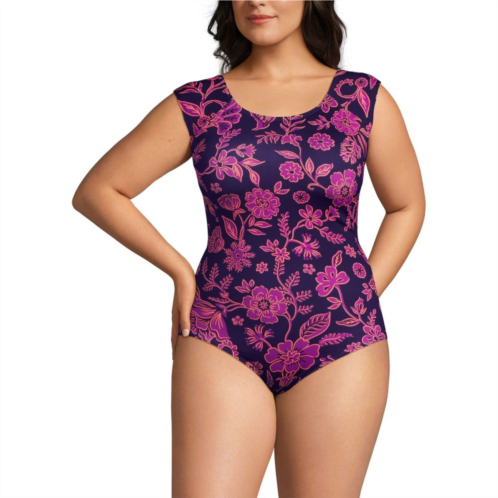 Plus Size Lands End UPF 50 Cap-Sleeve Tummy Control One-Piece Swimsuit