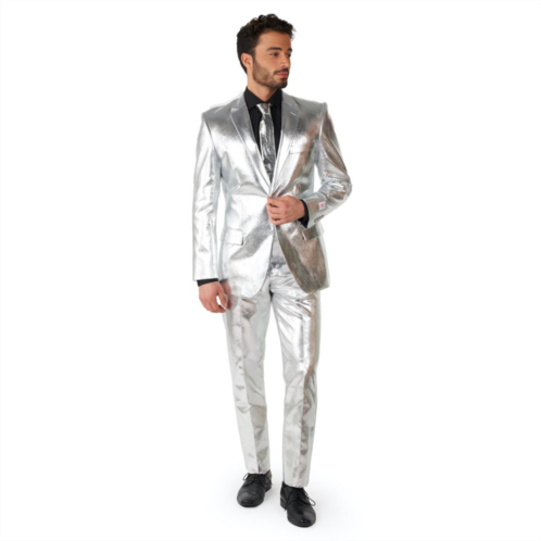 Mens OppoSuits Shiny Silver Slim-Fit Novelty Party Suit & Tie Set