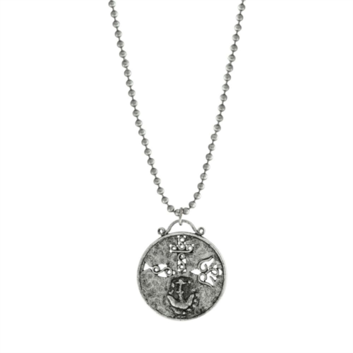 Symbols of Faith Silver Tone Pewter Christian Medallion with Cross Pendant Necklace