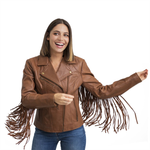 Womens Whet Blu Daisy Fringed Asymmetrical Moto Leather Jacket
