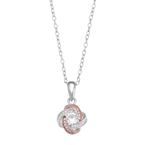 PRIMROSE Two Tone Sterling Silver & 18k Rose Gold Plated Cubic Zirconia Love Knot Pendant Necklace