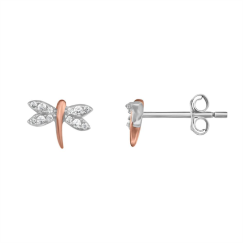 PRIMROSE Two Tone Sterling Silver Cubic Zirconia Dragonfly Stud Earrings