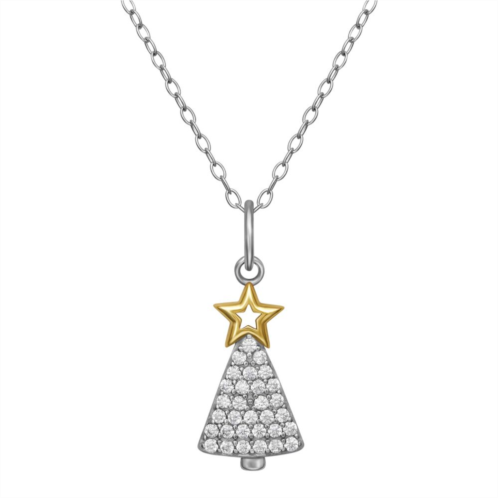 PRIMROSE Two Tone Sterling Silver Cubic Zirconia Christmas Tree Pendant Necklace