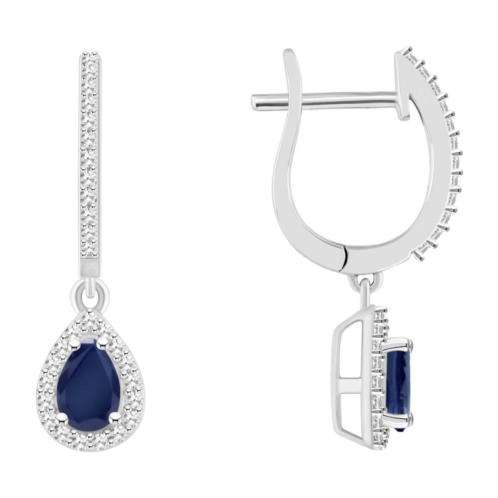 Celebration Gems Sterling Silver Teardrop Sapphire & 1/3 Carat T.W. Diamond Hoop Drop Earrings