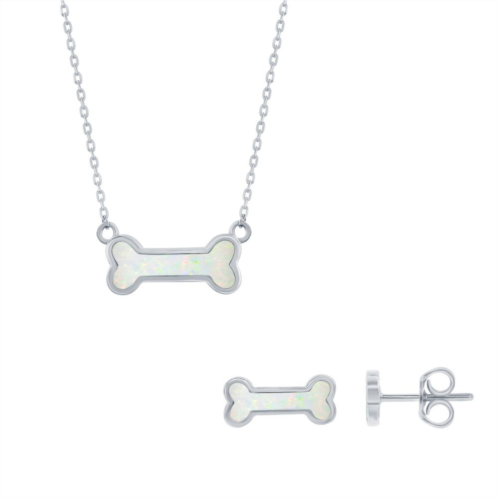 Unbranded Sterling Silver Lab-Created White Opal Dog Bone Necklaces & Earrings Set