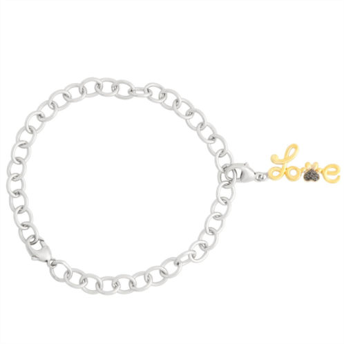 Jewelexcess Two Tone Sterling Silver Black Diamond Accent Love Charm Bracelet