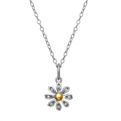 PRIMROSE Two-Tone Sterling Silver Cubic Zirconia Sunflower Pendant Necklace
