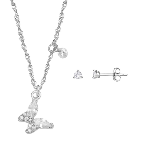 PRIMROSE Sterling Silver Cubic Zirconia Earring & Butterfly Pendant Necklace Set