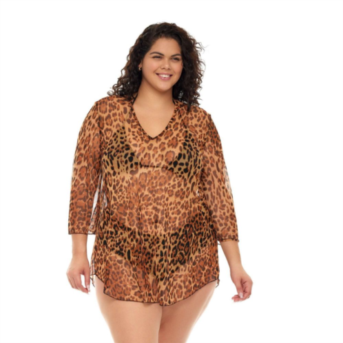 Plus Size Jordan Taylor Animal Print Bell-Sleeve Swim Cover-Up Tunic