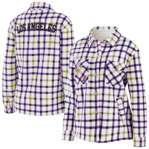 Womens WEAR by Erin Andrews Oatmeal/Purple Los Angeles Lakers Plaid Button-Up Shirt Jacket