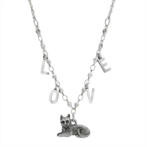 1928 Silver-Tone Cat With Love Initials Necklace