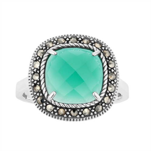 Lavish by TJM Sterling Silver Cushion Green Agate & Marcasite Ring