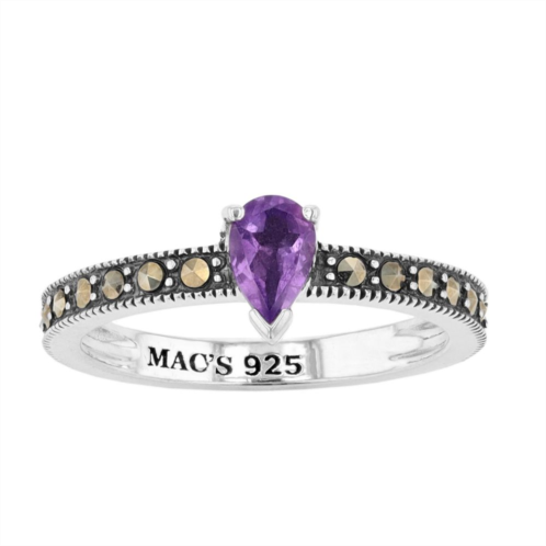 Lavish by TJM Sterling Silver Pear Cut Amethyst & Marcasite Ring