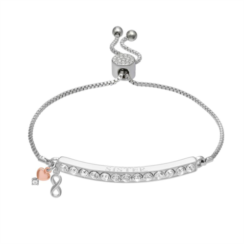 Brilliance Two-Tone Silver Plated Sister Crystal Bar Infinity & Heart Charm Adjustable Bracelet