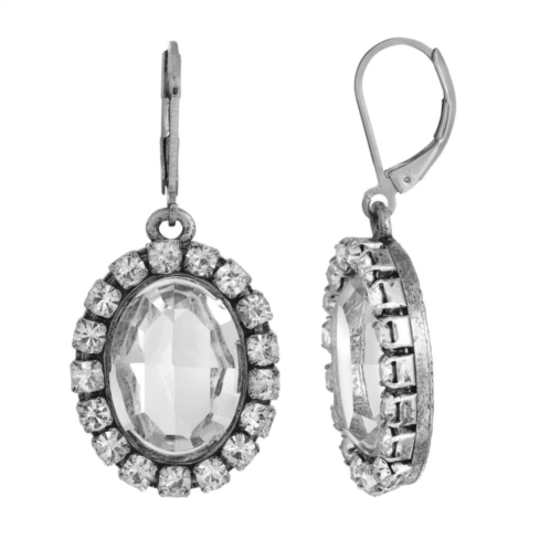 1928 Silver Tone Crystal Oval Halo Drop Earrings