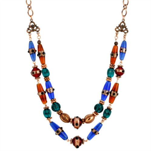 1928 Copper Tone Red & Blue Double Strand Beaded Necklace