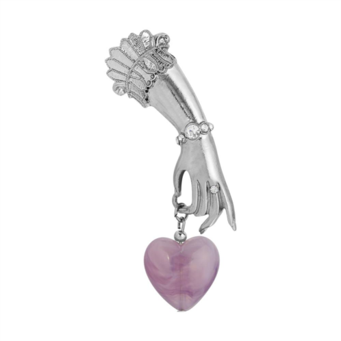 1928 Silver Tone Ladys Hand Pin with Pink Heart Charm