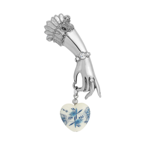 1928 Silver Tone Ladys Hand Pin with Crystal Accents & Blue & White Heart Charm